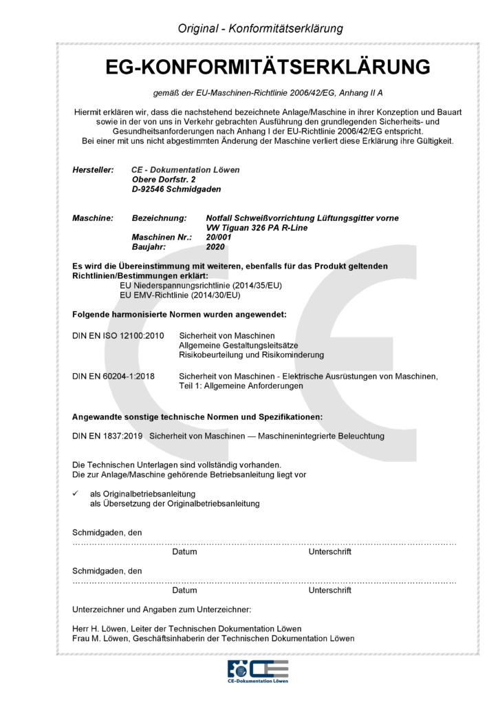 EG-Konformitätserklärung maschinendokumentation CE- DOKUMENTATION LÖWEN